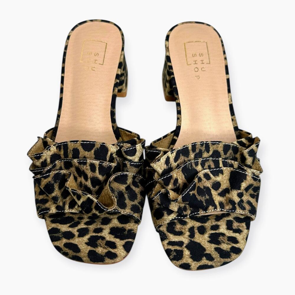 Shu Shop Frances animal print ruffle block heel mules size 7 New/no box/tags